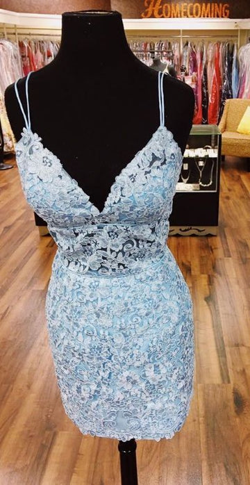 short fashion party dresses mini blue lace homecoming dress HZ1023